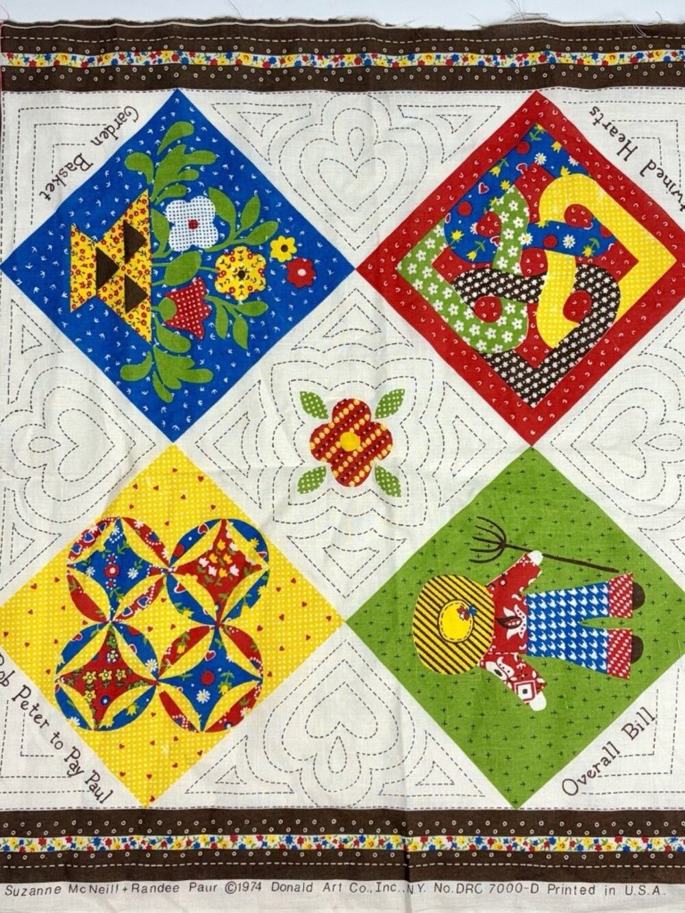Vintage 1974 Suzanne McNeill Floral Patchwork Quilt Cotton Fabric Panel 22x22”